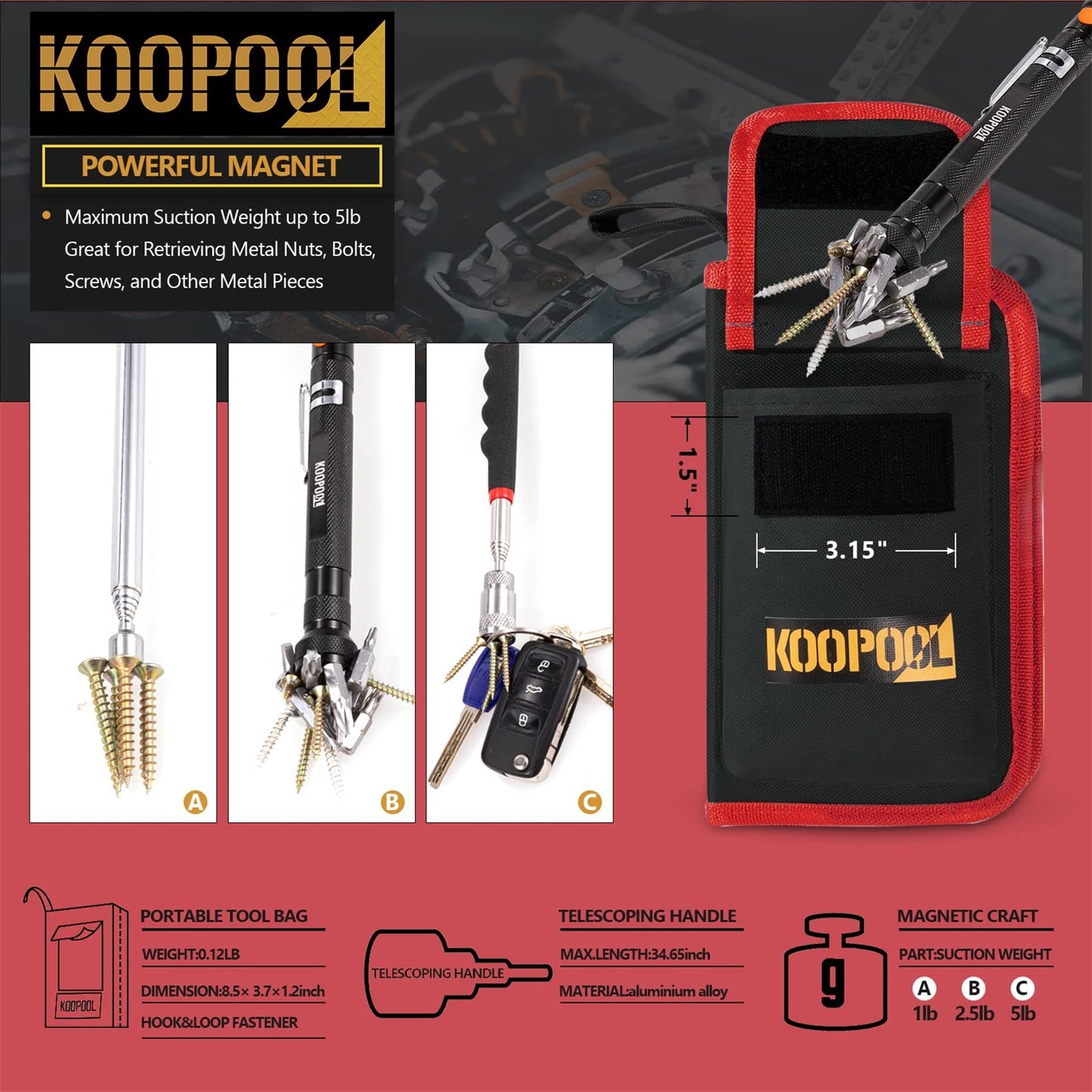 Telescoping Magnetic Pickup Tool Set, Inspection Mirror Telescoping, LED Flashlight, Cool Gadgets for Men, Stocking Stuffers, Gifts for Dad, Husband, Kids, Boyfriend, Magnet Stick (Red)