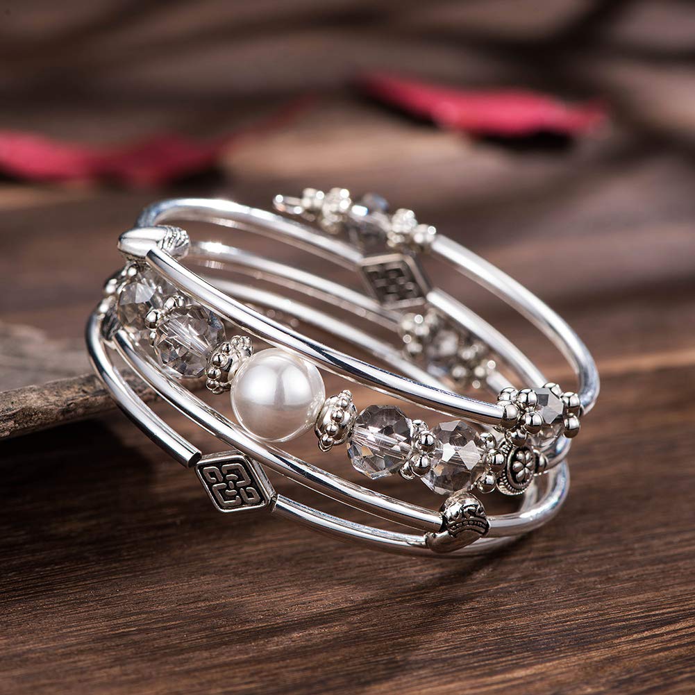 BULINLIN Bead Wrap Bangle Pearl Bracelet - Silver Metal Bracelet Gifts For Women(04-Transparent gray)