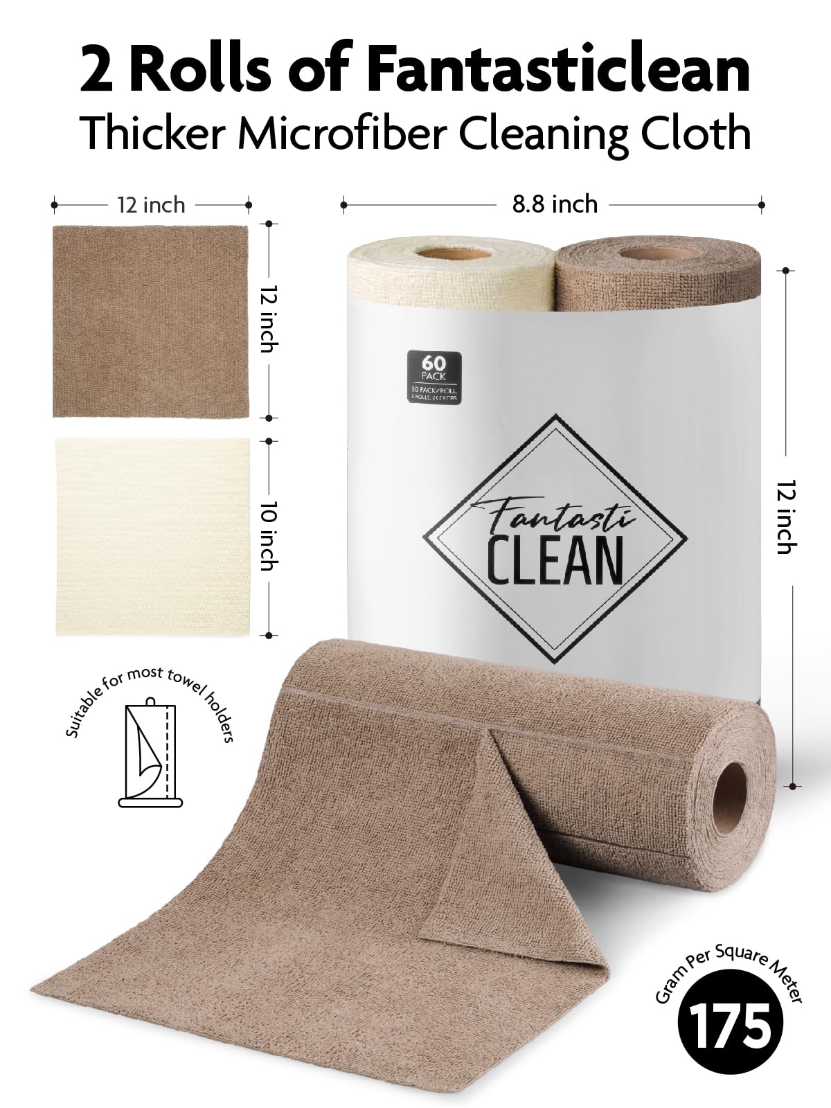 Fantasticlean Microfiber Cleaning Cloth Roll -60 Pack, Tear Away Microfiber Towels, 12" x 12", Reusable, Washable, Scratch Free, Ultra Absorbent Dishcloth for All-Around Cleaning (Beige & Tan)