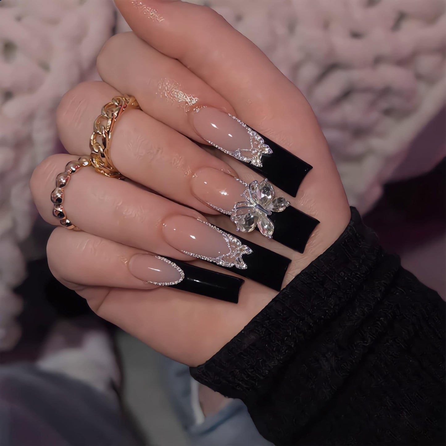 IEORGYIG Black Press On Nails Rhinestone Butterfly Long Fake Nails Reusable False Nails with Glue Tabs - 24Pcs Manicure Kit for Women and Girls