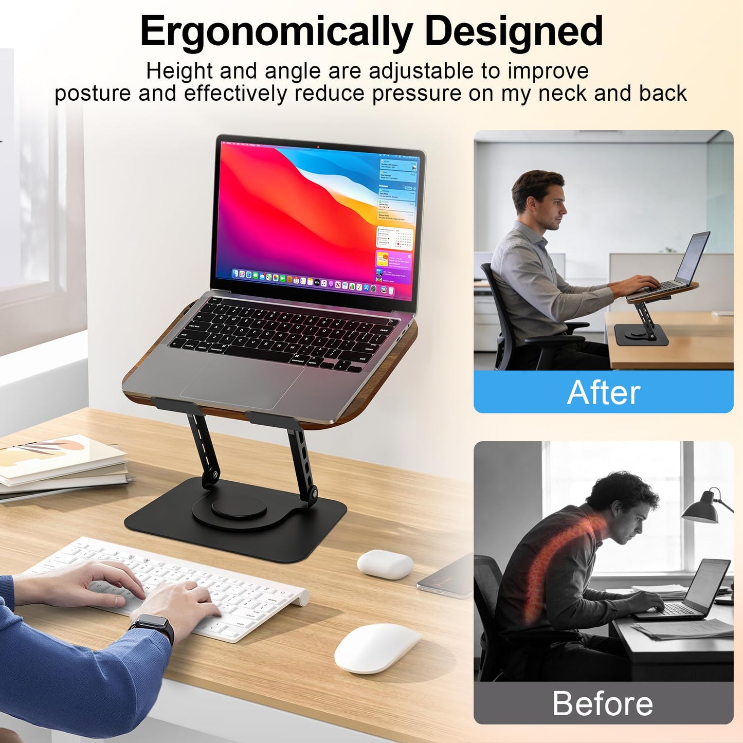 Diesisa Book Stand for Reading: Wooden Book Holder with 360° Rotating Metal Base - Adjustable Book Holder Stand with Elastic Clips for Cookbook, Recipe, Magazine, Laptop,Tablet, for Kitchen, Office