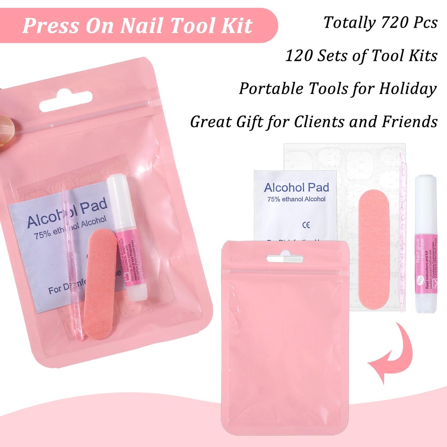 120 Sets Press On Nail Tool Kit for Business - Prep Application Disposable Kit with File, Glue, Prep Pads, Adhesive Tabs, Wood Stick, Holographic Bag