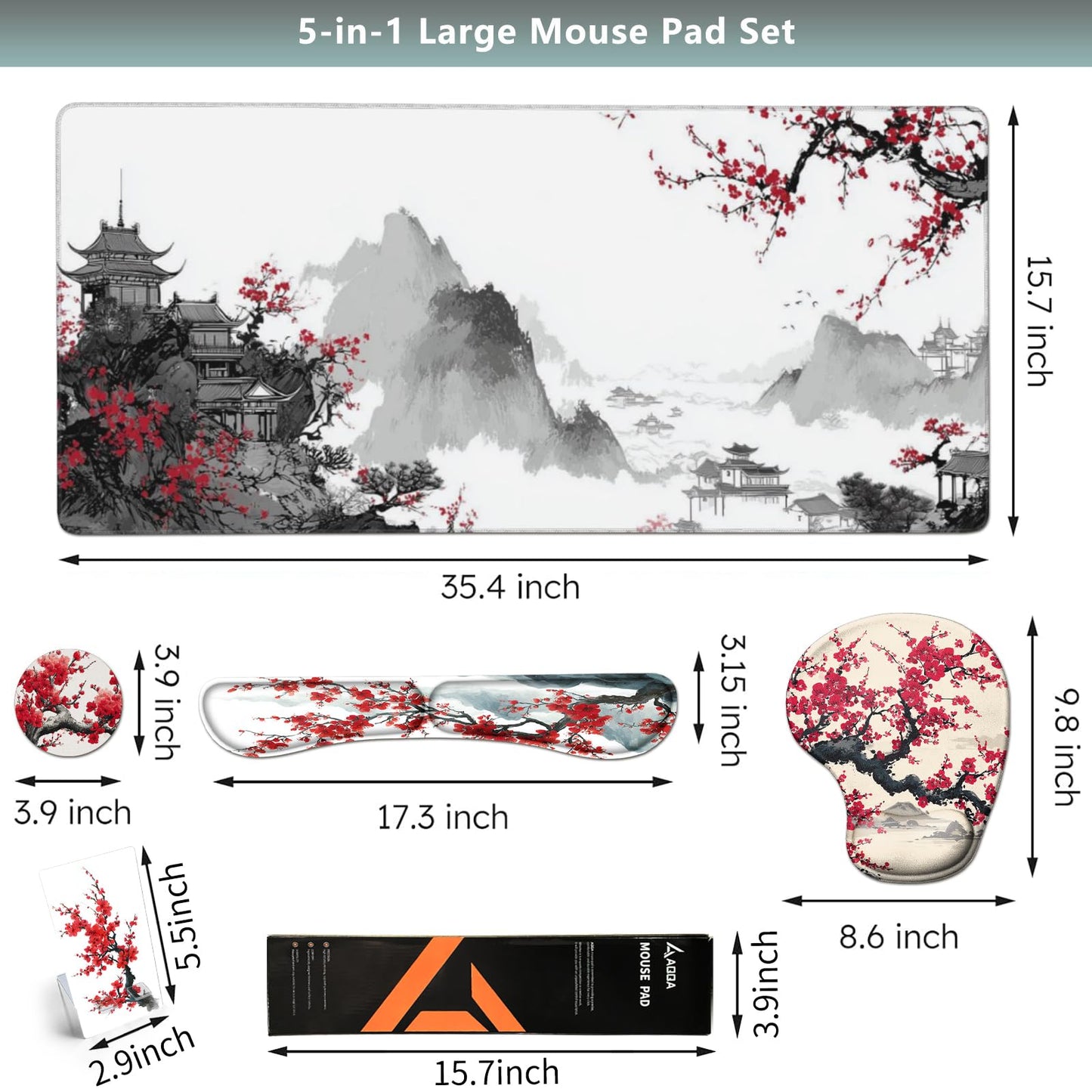 AQQA Japanese Desk Mat Set, Large Gaming Mouse Pad with Wrist Rest, Ergonomic Mouse Pad Keyboard Mat Wrist Support,Phone Holder,Cup Coaster,Home Office Desk Accessories Decor Supplies, Cherry Blossom