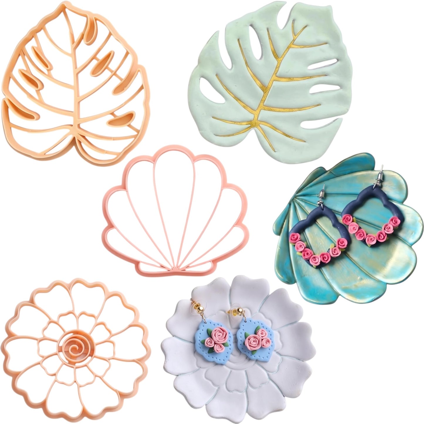 GOTO CLAY TOOLS Trinket Cutter Set for Polymer Clay Display & Jewelry Styling – Monstera, Shell & Flower Shapes | MOSHEFL-TRI