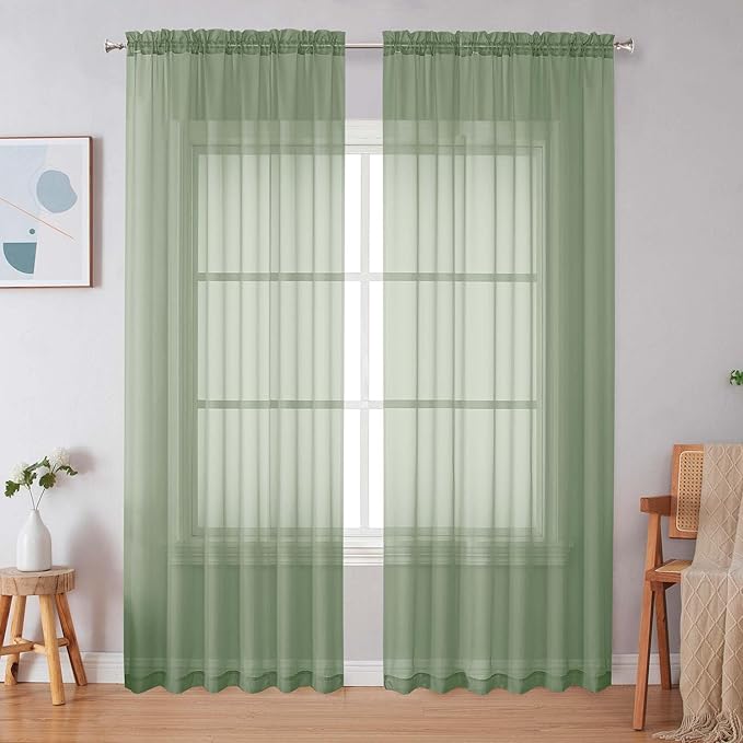 Simplebrand Sage Green Sheer Curtains 84 Inches Long, Light Filtering Rod Pocket Solid Color Window Sheer Curtain Panels, Elegant Curtains & Drapes for Living Room, Bedroom 2 Panels, 59" W x 84" L