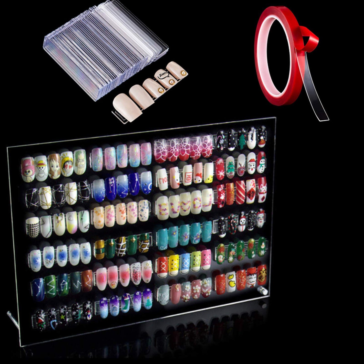 BetterJonny 1PCS Transparent Acrylic Nail Art Display Holder, 50PCS Stand With 3M Double Sided Tape for Professional Salon False Sample Display