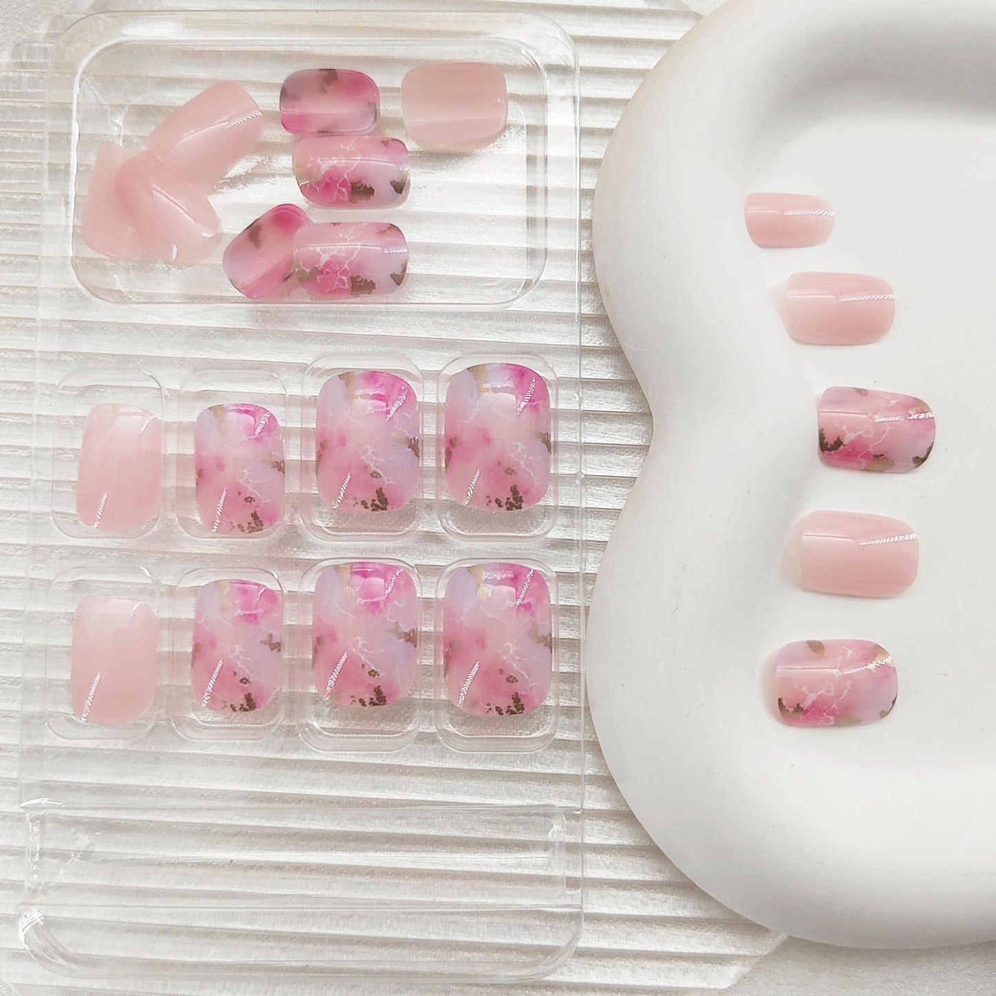 Press on Nails Short Square Fake Nails Press ons Glossy Glue on Nails Cute Pink Ombre Acrylic Nails Marble Artificial Nails Bling Line Stick on False Nails with Design 24 Pcs