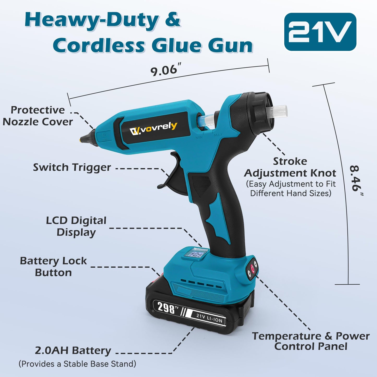 VOVRELY 110W Cordless Hot Glue Gun, Temp Adjust Fast Preheating, 21V Glue Gun Kit with 30 Pcs Full Size Glue Sticks and Battery, Heavy Duty Hot Glue Gun for Arts & Crafts, DIY Projects and Repairs