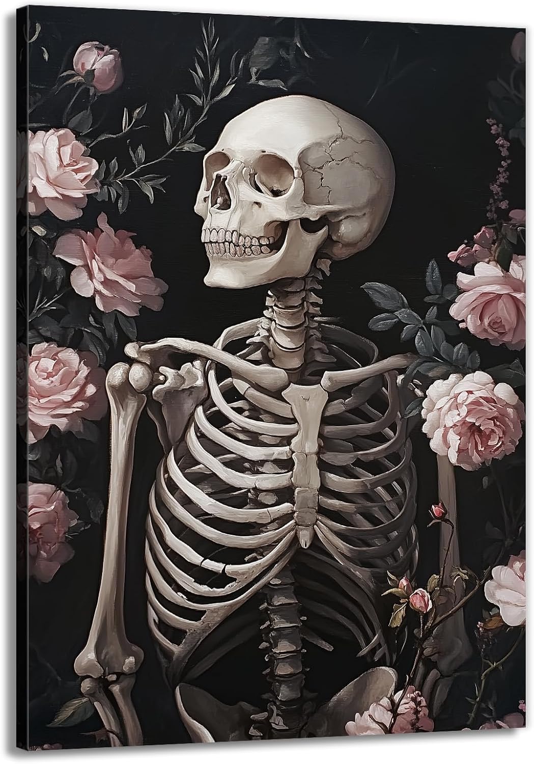 OAAPITI Skull Floral Wall Art Vintage Skeleton Portrait Canvas Print Dark Gothic Skull Art for Living Room Bedroom Home Wall Decor Ready to Hang(Artwork-10,16"x24")