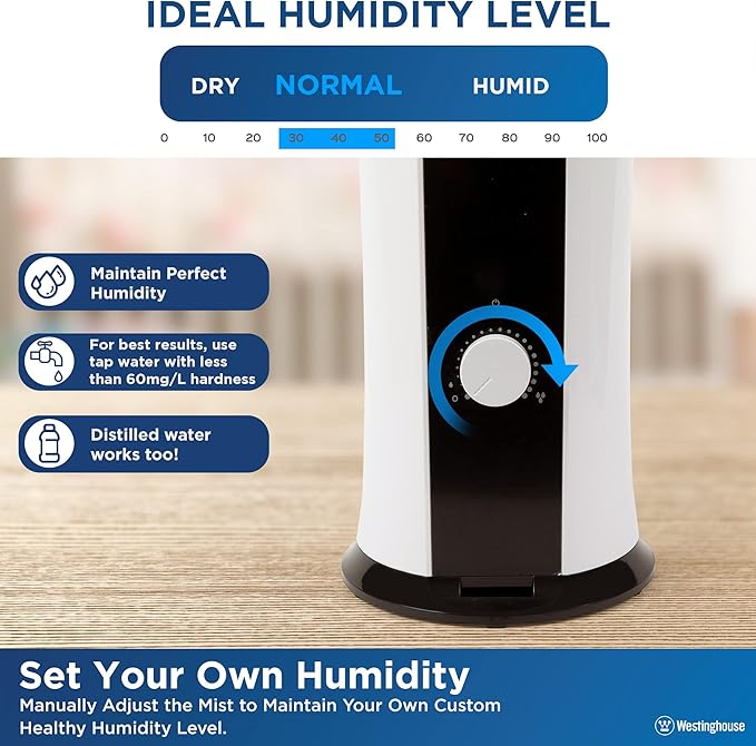 Westinghouse 28-inch Cool Mist Ultrasonic Tower Humidifier, 6L Top Fill Air Humidifier with Essential Oil Diffuser, Adjustable Mist Volume for Large Bedrooms
