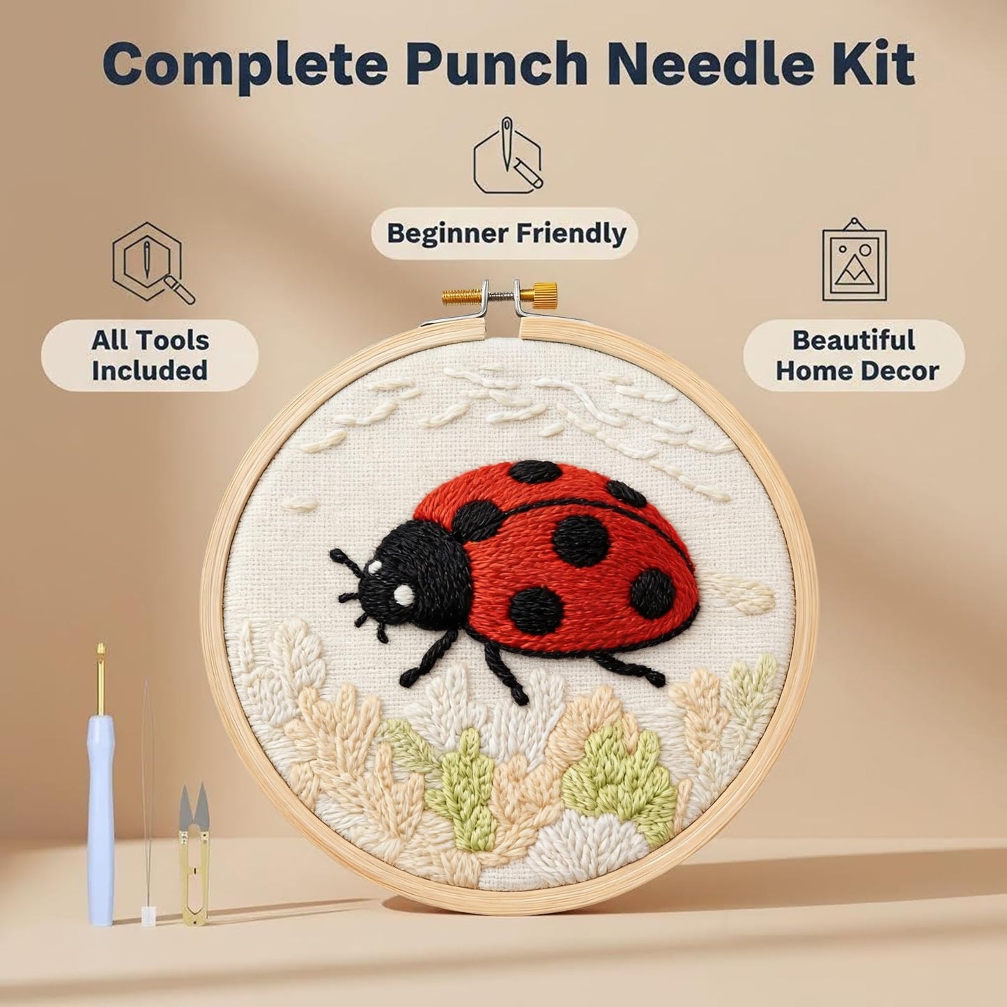 AohaiNova Punch Needle Kits for Adults Beginner,Punch Needle Starter Kit Easy,Embroidery Punch Needling Kits,DIY Punchneedle Kit All Supplies with Wooden Hoop/Patterns/Yarns/Instruction(04-Insect)