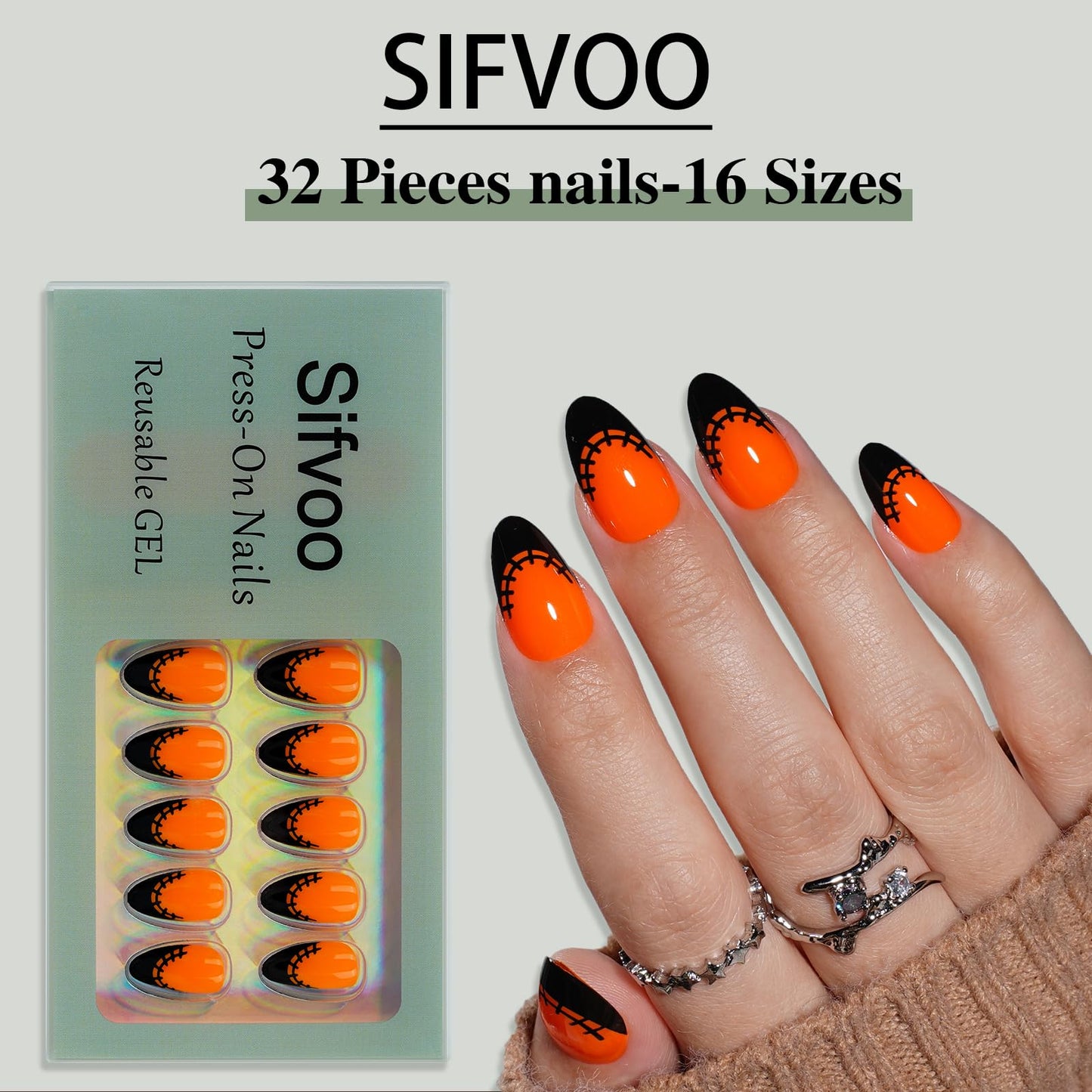 Sifvoo Orange French Tip Press On Nails Short Almond, Glossy Reusable Press On Nails for Women, 32 Count 16 Sizes Nail Kit with Glue (SV-09)
