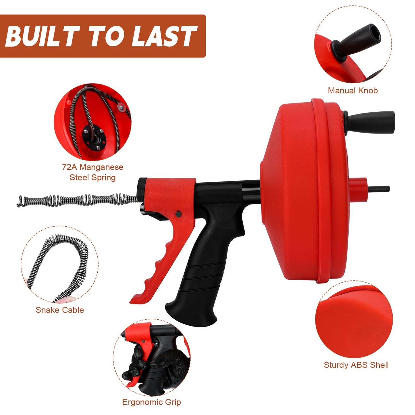 50 FT Double Mode Drain Snake Tools, 11-in-1 Drain Auger for Sink and Drain Unblocking, Plumbing Snake for Kitchen, Bathrom and Shower Sink, Drain Clog Remover for Real DYIs