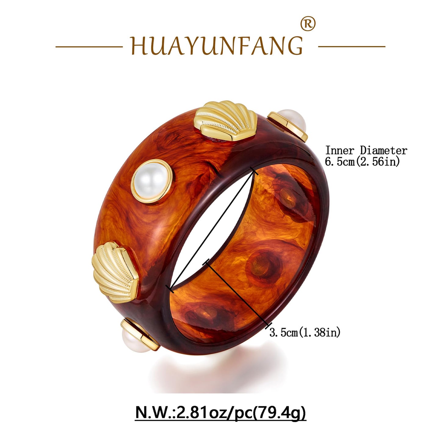 HUAYUNFANG Seashell Acrylic Resin Bracelet for Women Chunky Tortoiseshell Resin Bangle Beach Shell Pearl Acrylic Bracelets Statement Jewelry