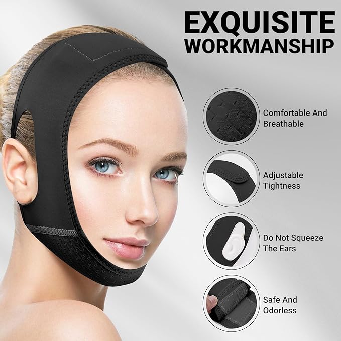 Reusable V Line Lifting Mask with Chin Strap for Sleeping,Double Chin Reducer,Face Lift Prevent Sagging, Jaw Exerciser,Black,M