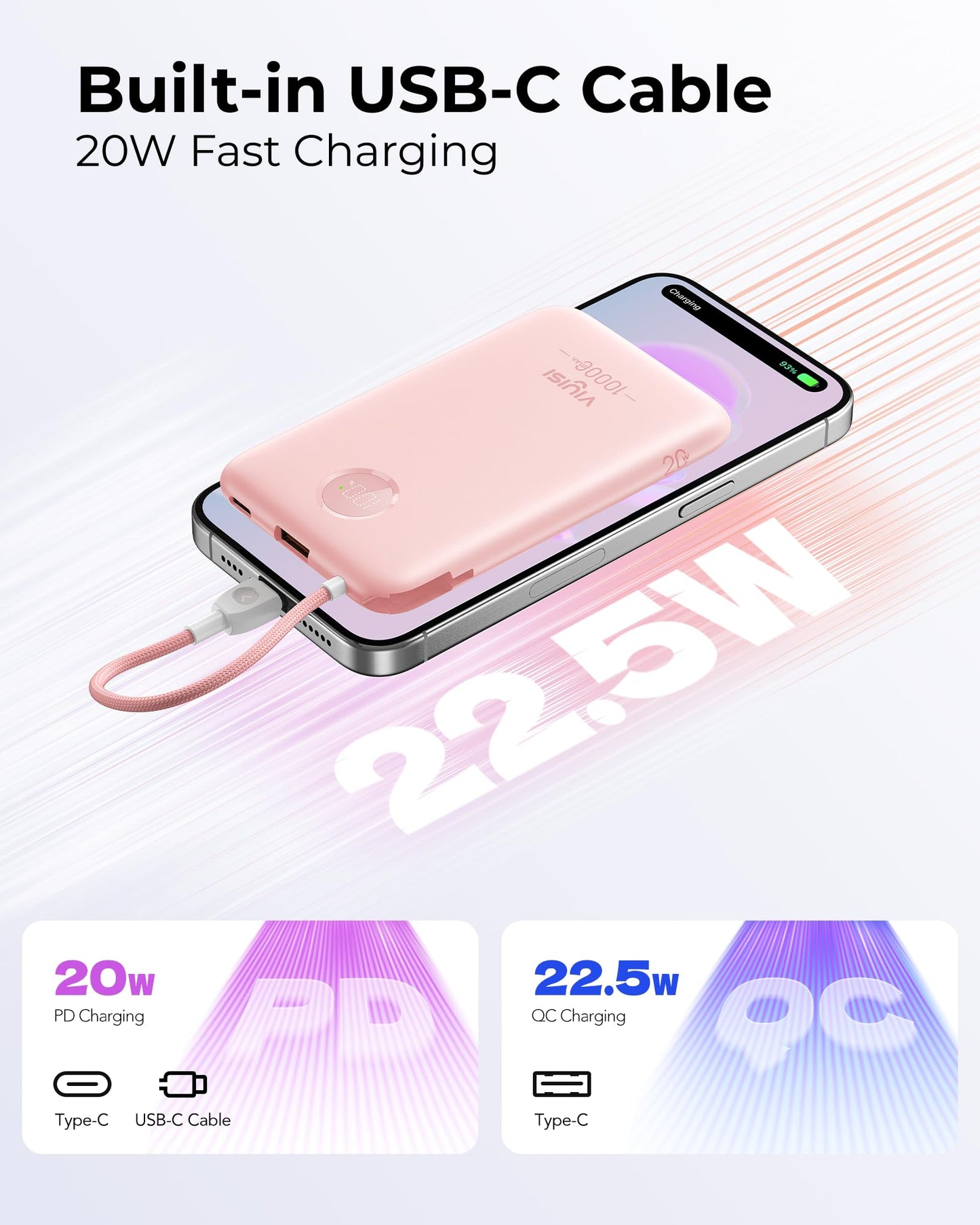 VIYISI Slim Portable Charger Power Bank 10000mAh, PD 20W Fast Charging Compact Battery Pack with Built-in USB C Cable, Travel Essential Compatible with iPhone 17 16 15, Samsung, Android - Pink