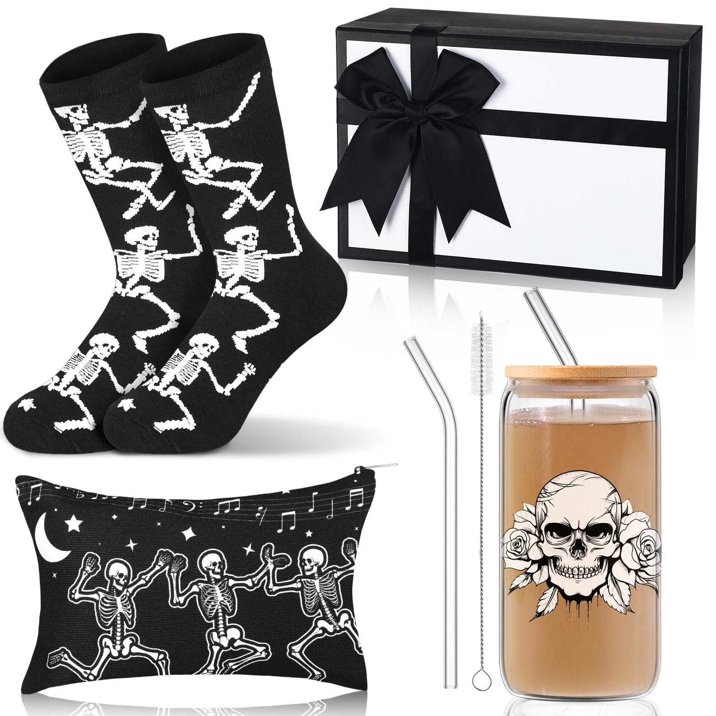 Skylety Goth Dancing Skeleton Gift Box of 4 Include 16oz Goth Glass Cup Gothic Stuff Spooky Sock Makeup Bag Spooky Gift Baskets for Xmas Holiday Women Gothic Lovers Stuff