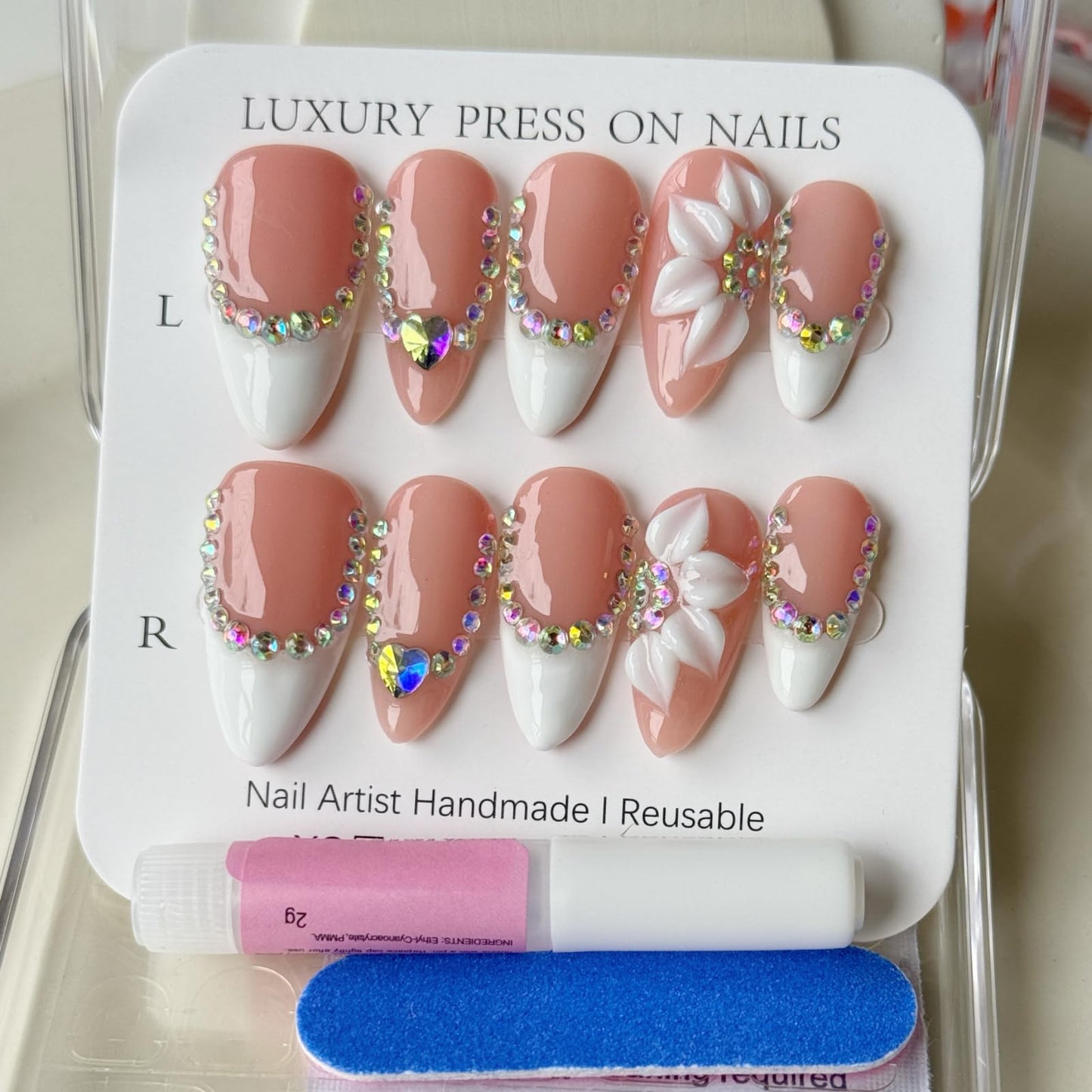 Haozerart Luxury Handmade Press On Nails, Medium Almond French Fake Nails with Rhinestones Floral Designs, Reusable Salon Quality Nails for Women (M Size, 10Pcs)