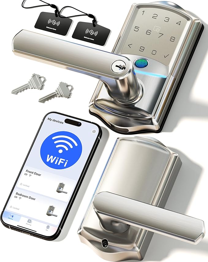 Veise VE029 WiFi Smart Lever Lock, Fingerprint Keyless Entry Door Lock with Handle, Built-in WiFi, Remote App Control, Electronic Digital Knob for Front Door and Bedroom, IP65 Waterproof, Satin Nickel