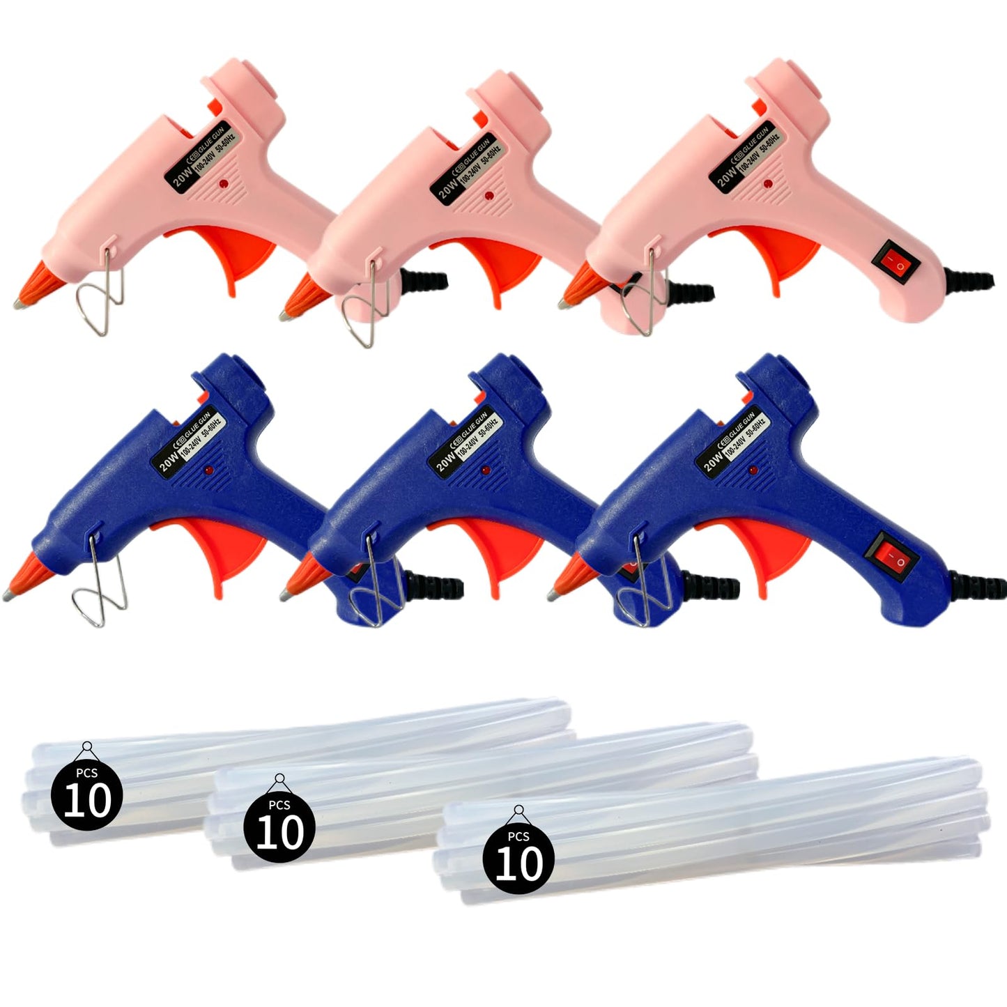 6 Pack Mini Hot Glue Gun Set (3 Pink + 3 Blue) with 30 Long Glue Sticks, 7 x 150mm Low Temp Glue Guns for Crafts, Classroom, DIY Projects & Quick Repairs, 20W