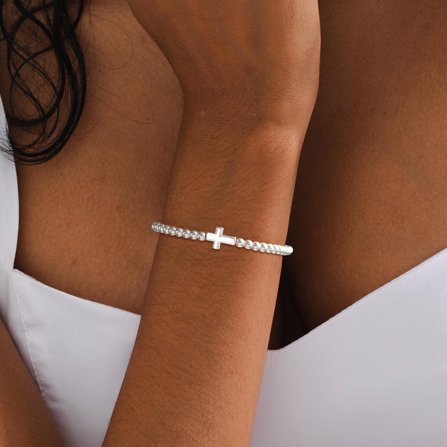 Beaded Bracelets for Women 14K Silver Gold Plated Stretch Handmade Ball Bracelets Cute Charm Bracelet Dainty Stackable Cross Heart Bow Wave CZ Circle Trendy Jewelry Easter Gifts (cross-silver)