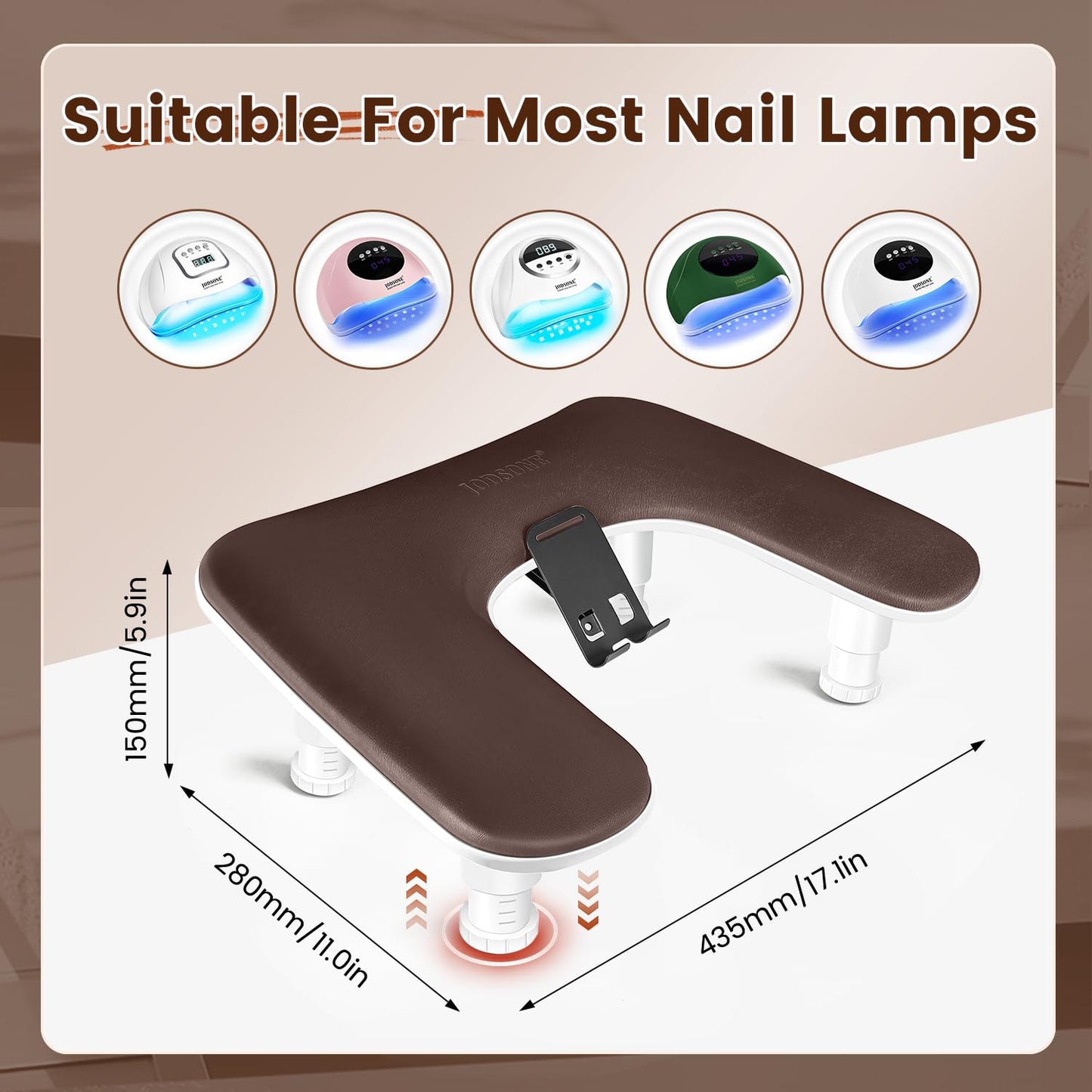 JODSONE U-Shaped Brown Arm Rest for Nails Tech with Rotating 360°Built-In Phone Holder and Adjustable Nail Arm Rest Detachable Manicure Hand Rest for Salon Design