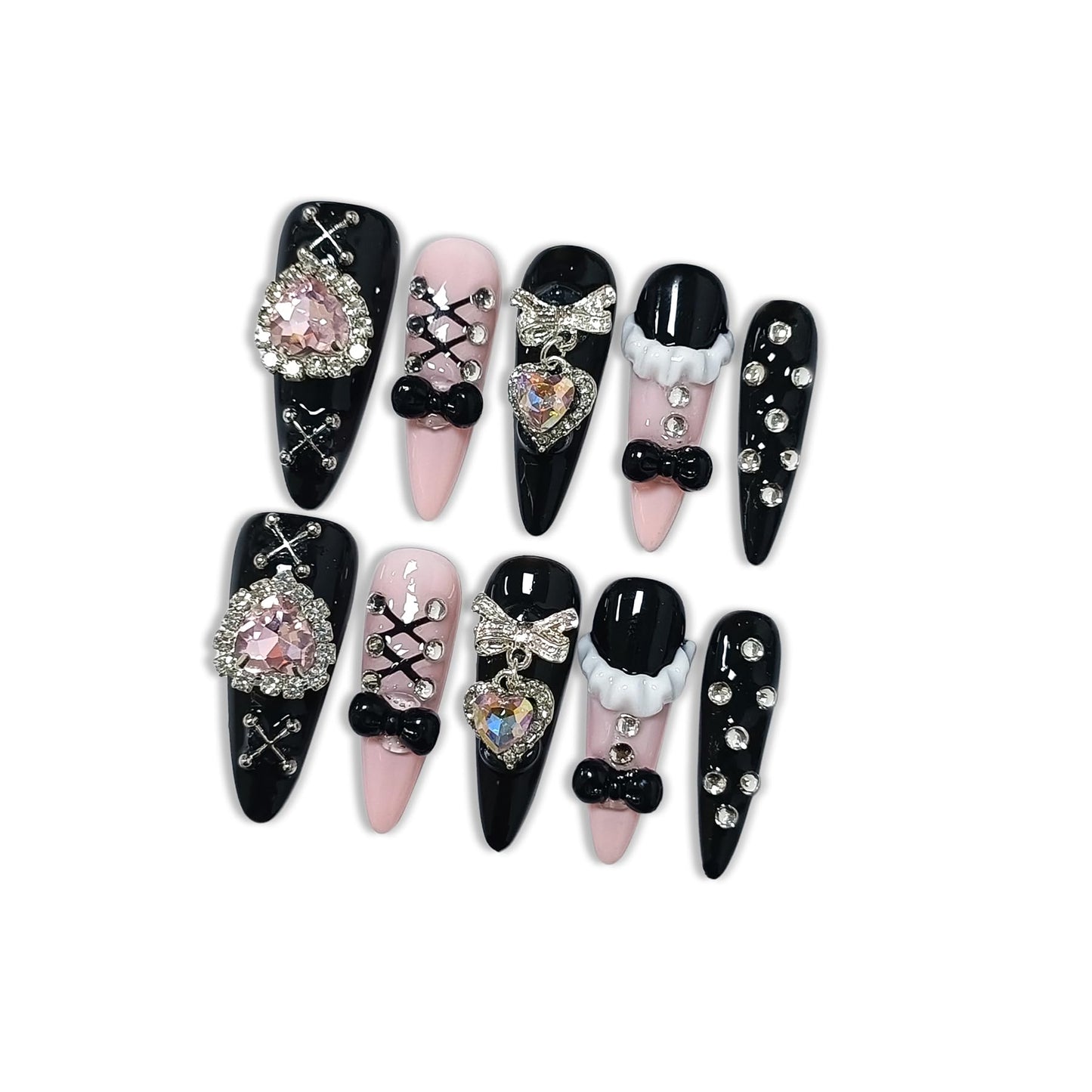 Hantyer Gothic Punk Press on Nails, Long Stiletto Matte Black & Pink Nails, Silver Gothic Charms, Pink Rhinestones & 3D Art, Salon Nails Reusable & Easy Apply for Parties & Night Events (Size M)