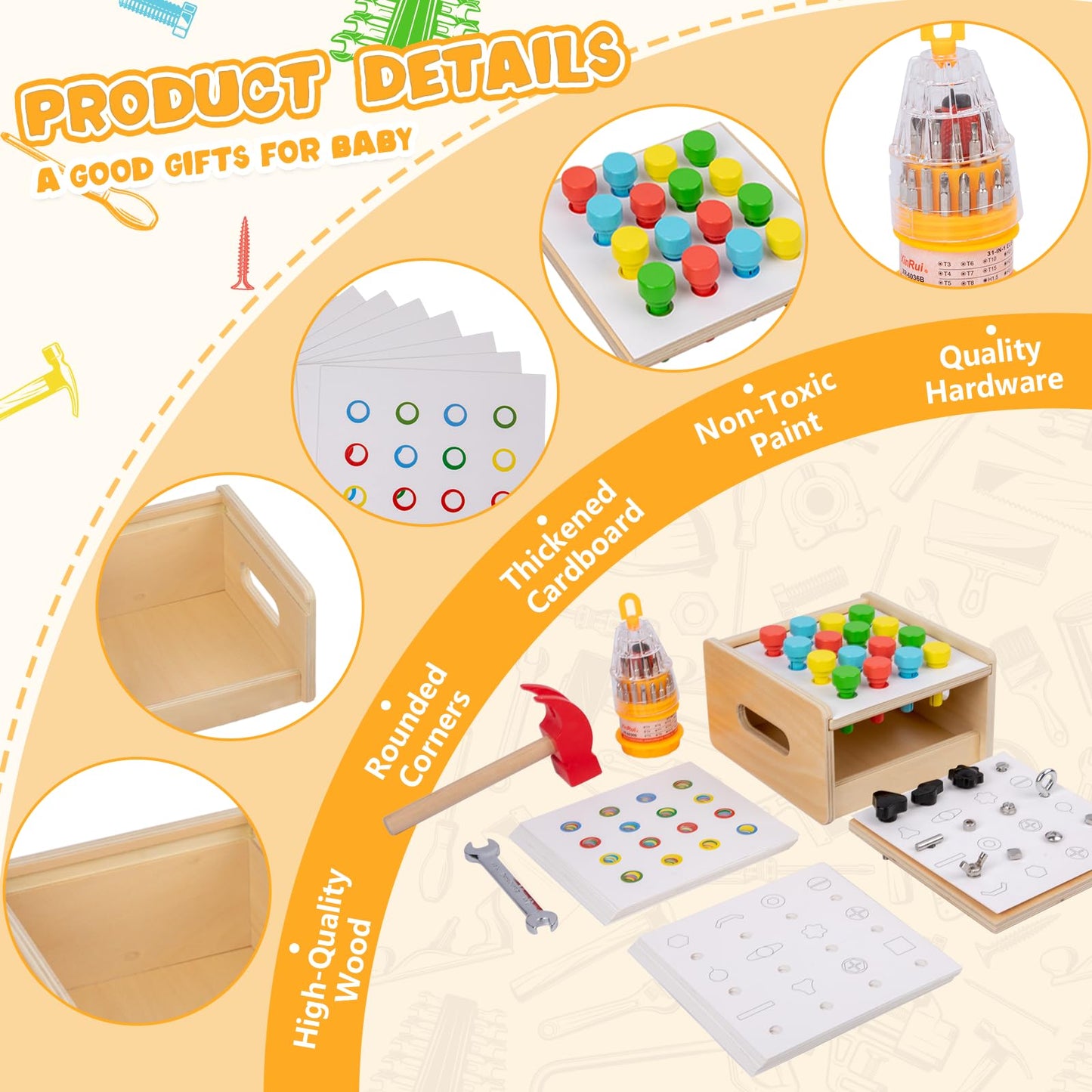 Adena Montessori 2 in 1 Montessori Screwdriver Board Set & Hammer Peg Toy Game Wooden Tool Set for Kids 3 4 5 Year Old