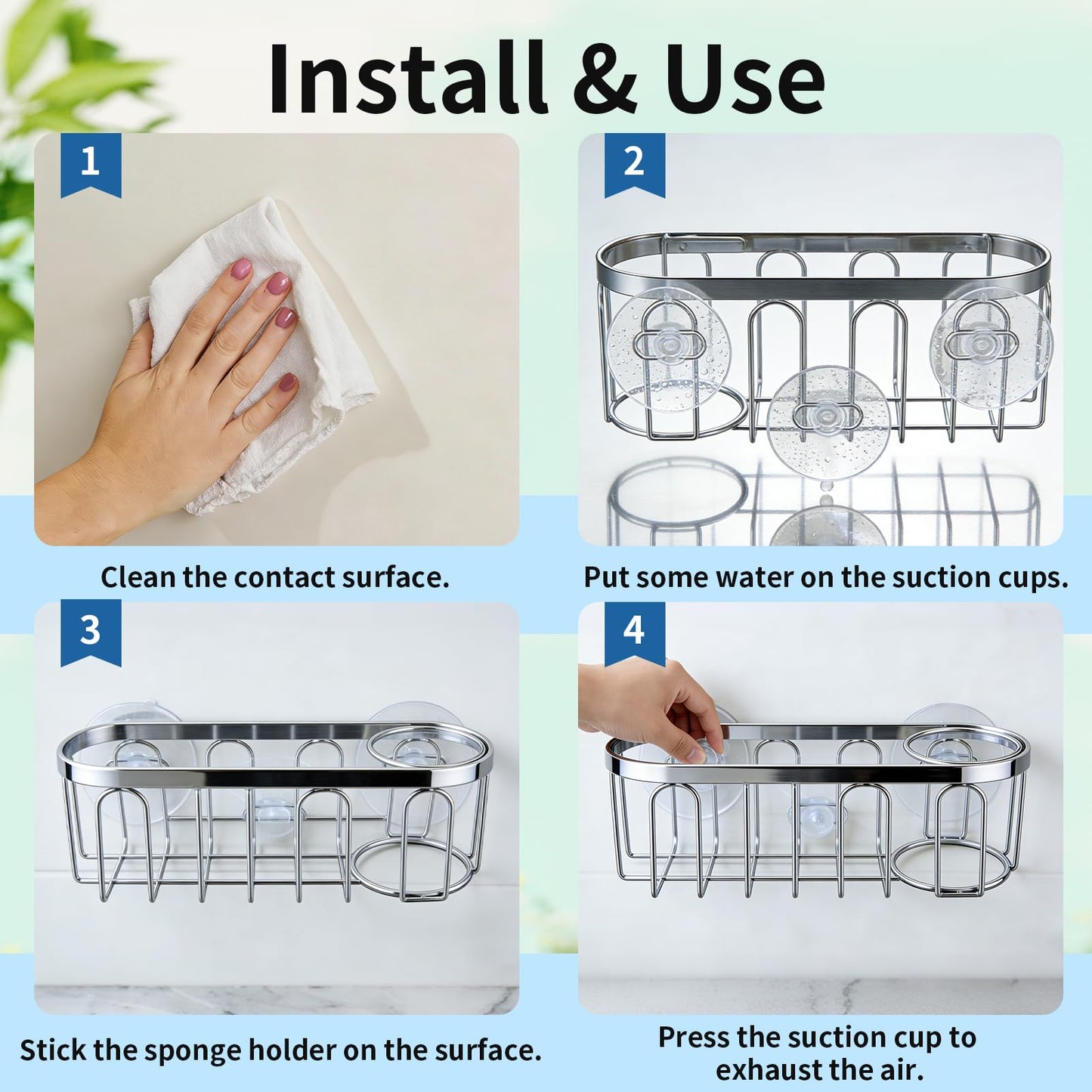 Yazoni 2-in-1 Sponge Holder for Kitchen Sink, Sink Caddy Kitchen Sink Organizer with 3 Suction Cups, No Drill Rustproof Sink Sponge Holder for Dish Brush, Soap & Sponge (Silver)