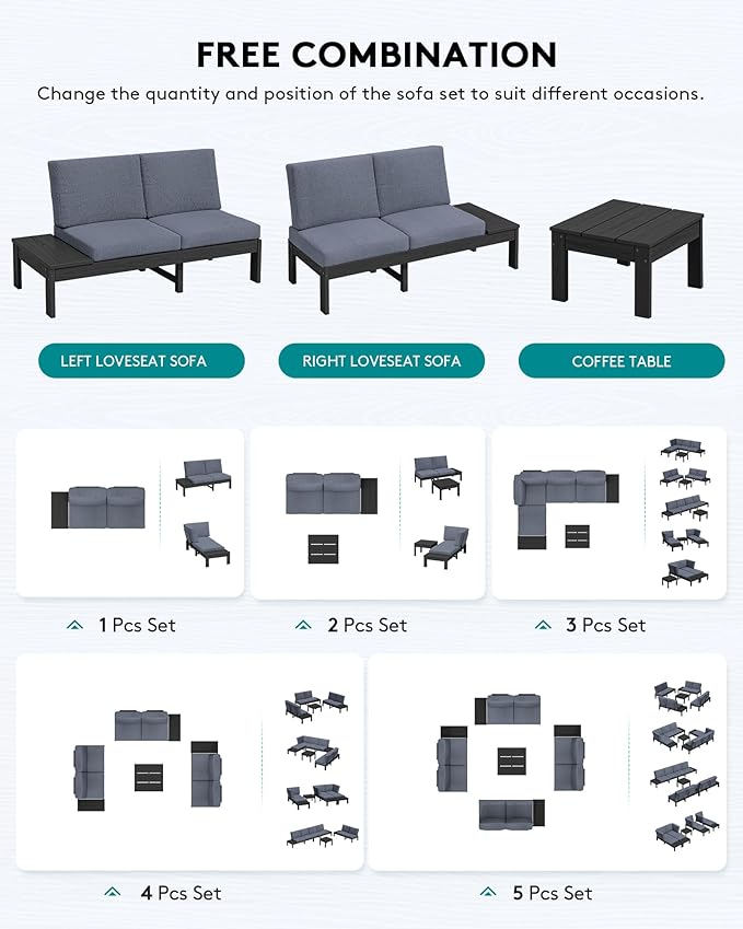 SERWALL HDPE Patio Furniture Set, All-Weather Modular Outdoor Conversation Furniture, Seats 8, Outdoor Sofa Set for Garden, Deck or Poolside, Black Frame with Grey Cushion