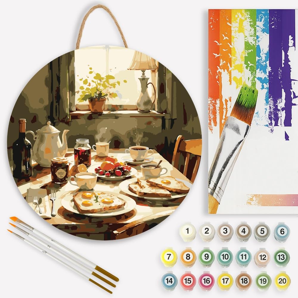 Country Kitchen Paint by Numbers Kit for Adults on Wood Board – DIY Rustic Breakfast Table Scene Wood Craft Painting Kit, 12 in Round, Acrylic Paint Set, Beginner-Friendly, Relaxing Home Decor Gift
