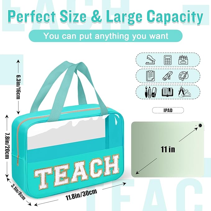 Teacher Appreciation Gifts Chenille Letter Clear Makeup Bag TEACH Pouch, Preppy Waterpoof Makeup Cosmetic Bag with Zipper Graduation Retirement Birthday Teacher Essentials Gifts for Women(TEACH-Green)