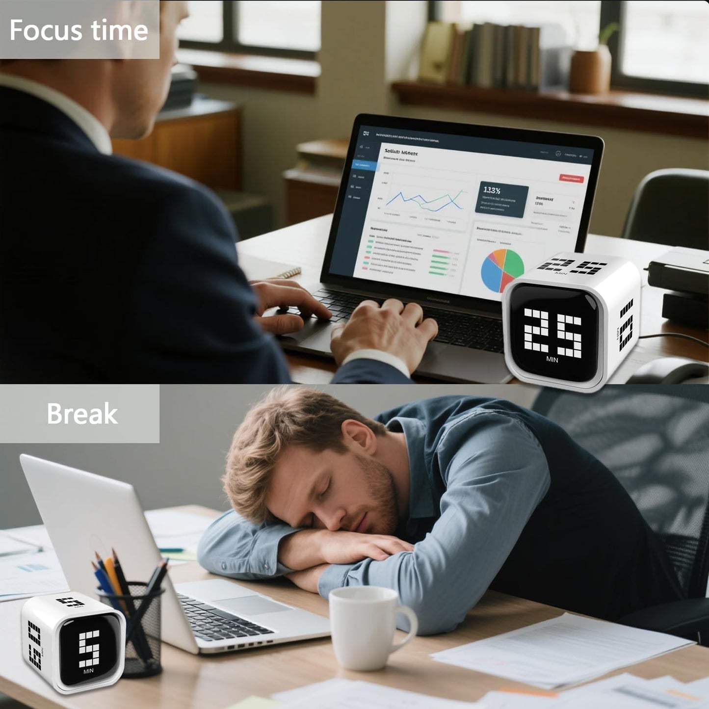 Rotating Focus Timer, 5/25/10/50-Minute Pomodoro Timer, Desk Flip Countdown with Vibration & Volume Control, ADHD-Friendly Tool for Office, Study, and Kitchen (Black)