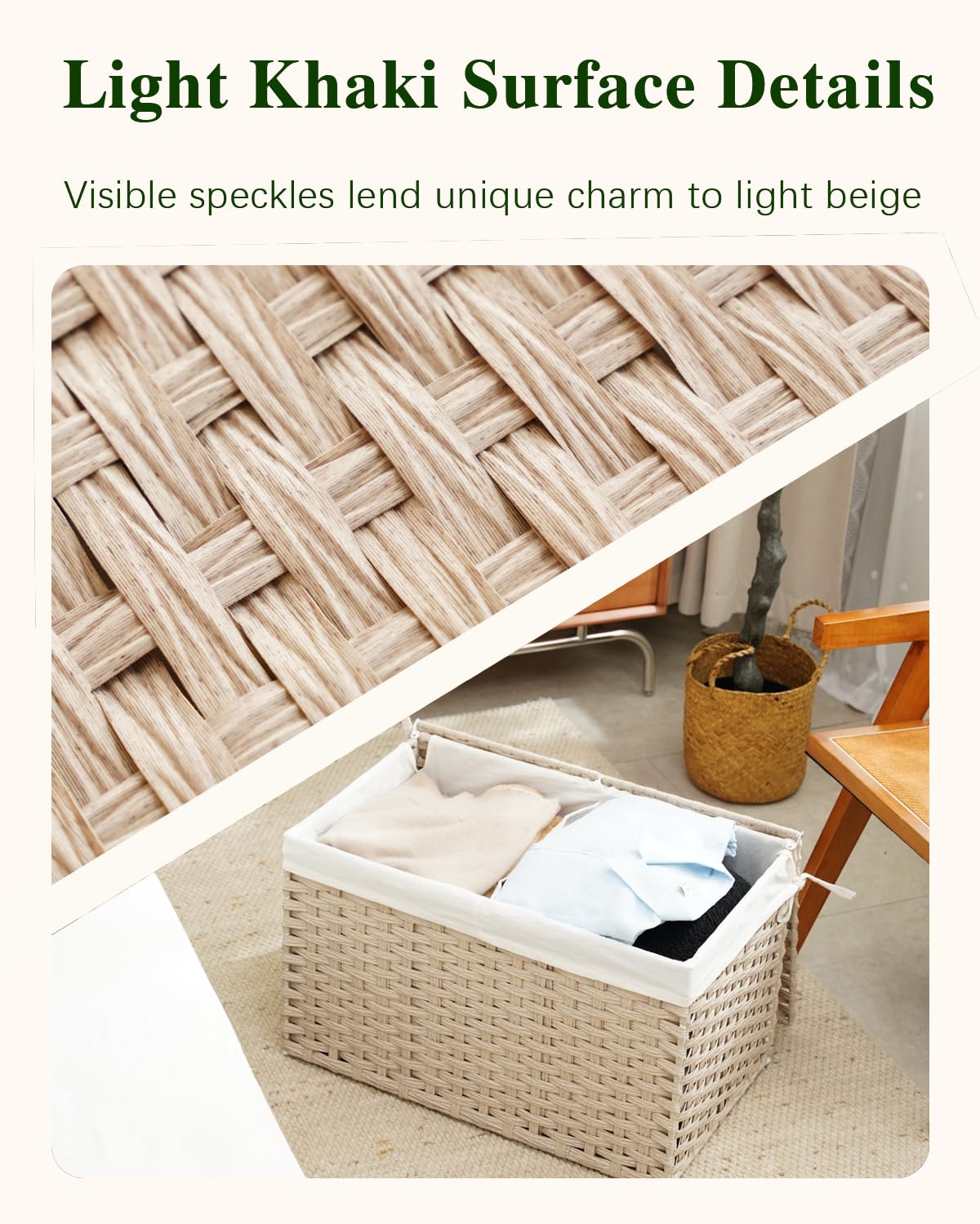 Storage Basket with Lid 105L PE Rattan Storage Bin Light Khaki
