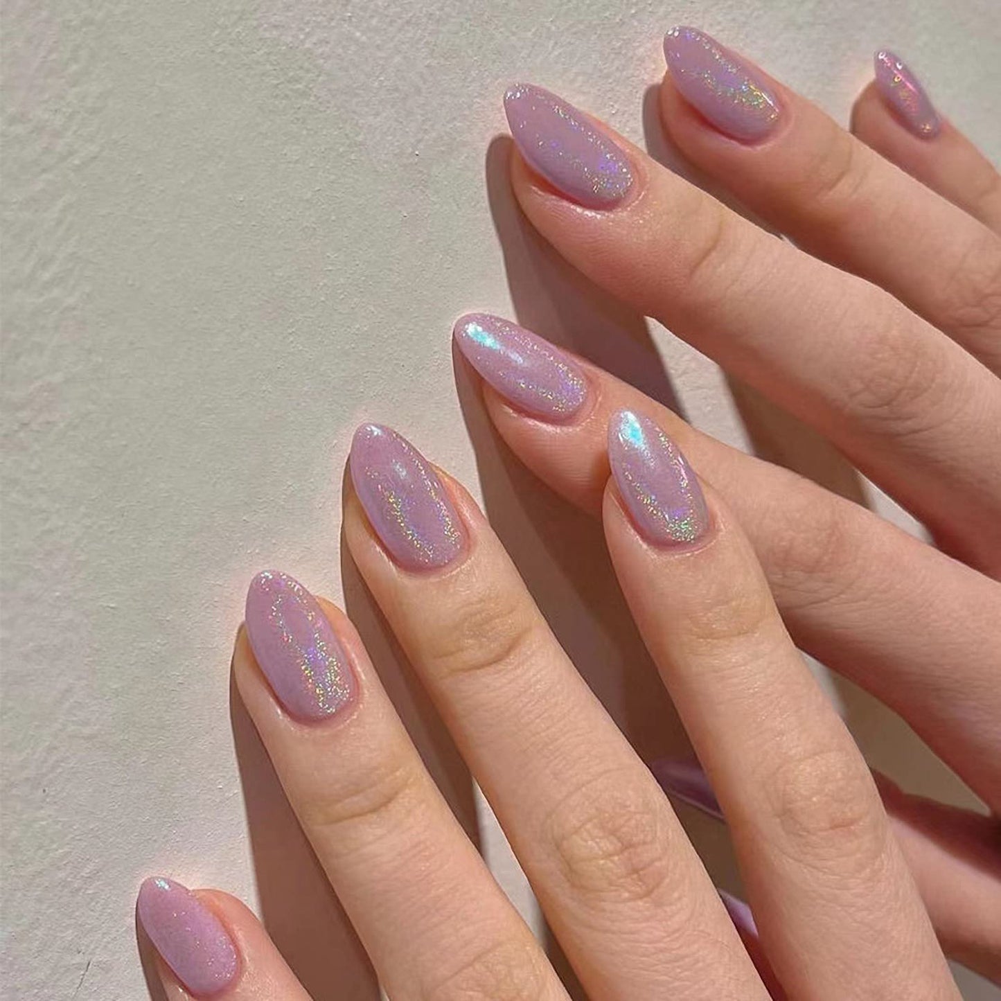 MISUD Press on Nails - Medium Almond Glue on Nails, Acrylic Purple Chrome Design 24 pcs