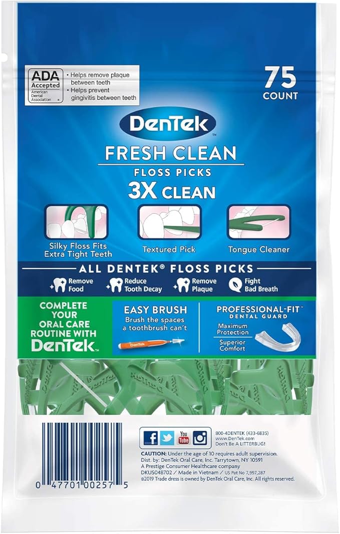 DenTek Fresh Clean Floss Picks, for Extra Tight Teeth, 75 Count, (Pack of 6)