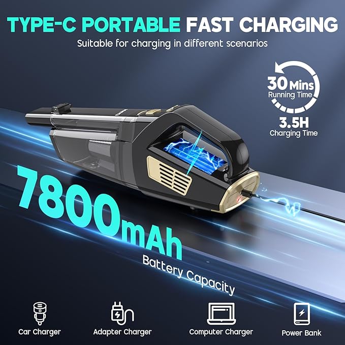 CKIKH Handheld Vacuum Cordless, 15000PA Strong Suction Hand Held Car Vacuum Cleaner Portable with Multi-Nozzles & Washable Filter, Lightweight Dust Busters Rechargeable for Home, Car, Office, Pets