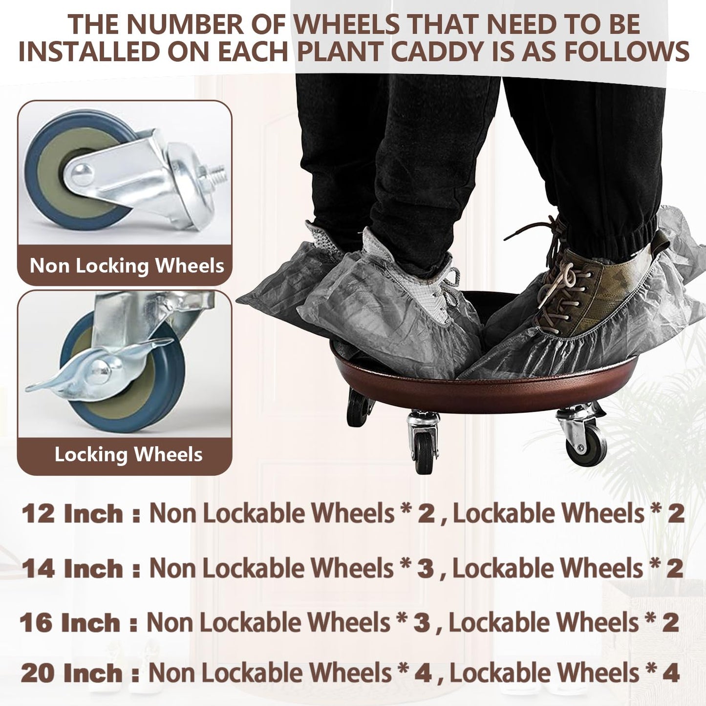 Tadpolebaby Heavy Duty Plant Caddy with Solid Rubber Wheels, Lockable, Increased Load Capacity, One-Minute Installation, Suitable for Indoor, Outdoor, Patio, Garden Settings, 16 Inches 3PACK, Brown