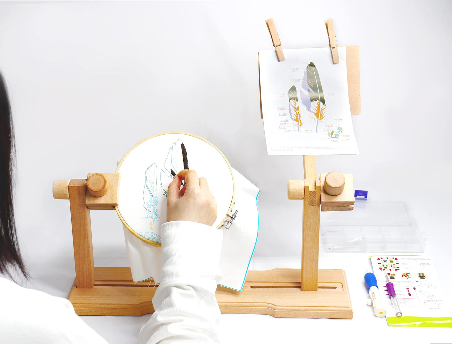 SolidGnik Embroidery Stand, Adjustable Embroidery Hoop Holder, Cross Stitch Stand with Embroidery Kit and 3PCS Embroidery Hoops