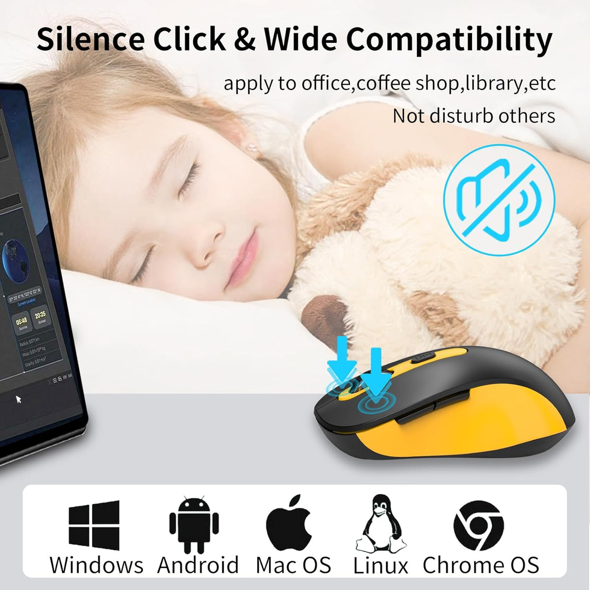 Wireless Mouse for Laptop, PC, Chromebook, Mac, MacBook, Silent Wireless Mouse with USB Nano Receiver, Side Button, 2400 DPI, Anti Slip Roller, 6 Button Ergonomics Cordless Computer Mice -Black Yellow