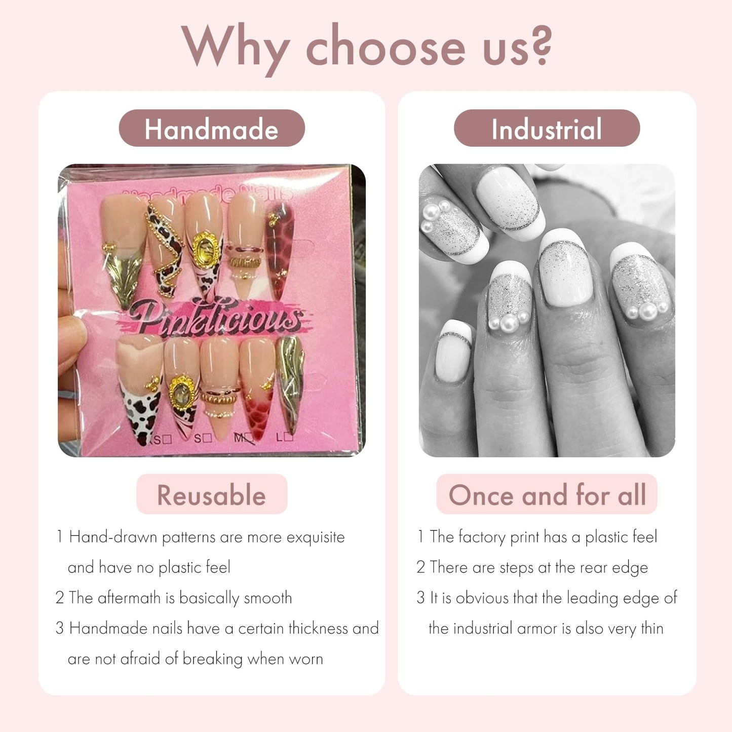 Pinktlicious Handmade Nude Stiletto Press On Nails - Neutral French Tip Glue On Nails with Gold Accents, Reusable Salon-Quality Fake Nails for Women (M)