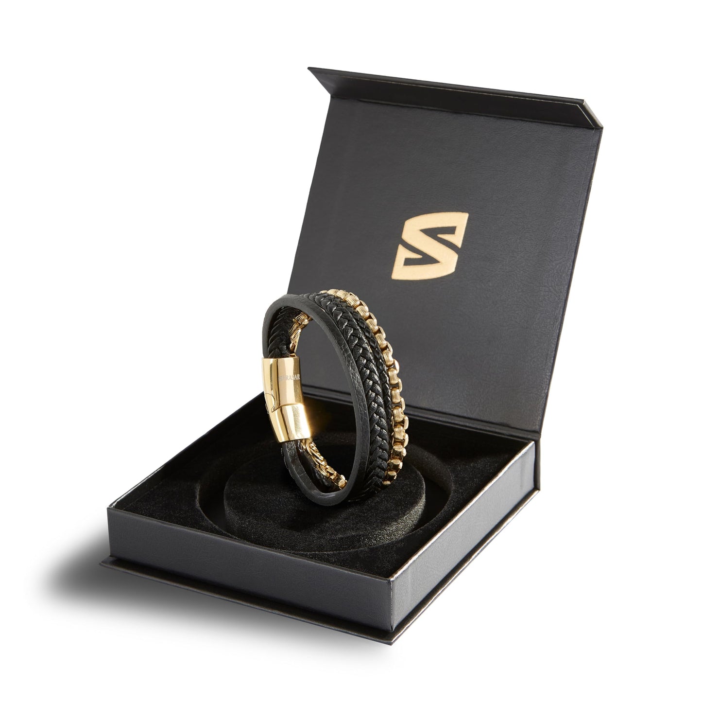 SERASAR Men's Gold Bracelet 17cm Leather Or Gift Box Braided Cowhide Adjustable Magnetic Clasp Multi Layer Wrap Jewelry Rope Male Men Magnet