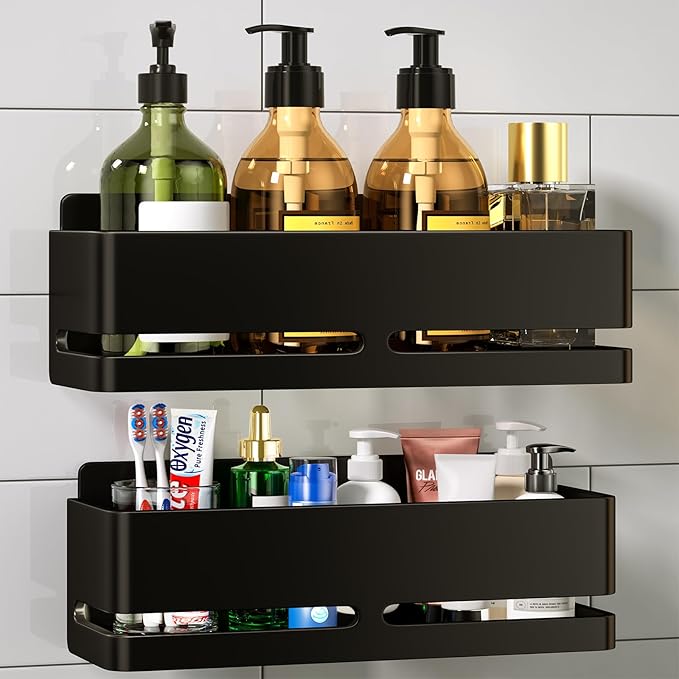Shower Shelf, 2-Pack, Heavy-Duty Bathroom Storage Shelf, Large Capacity No-Drill Bathroom Organizer, Black Metal Storage Basket, Adhesive Installation