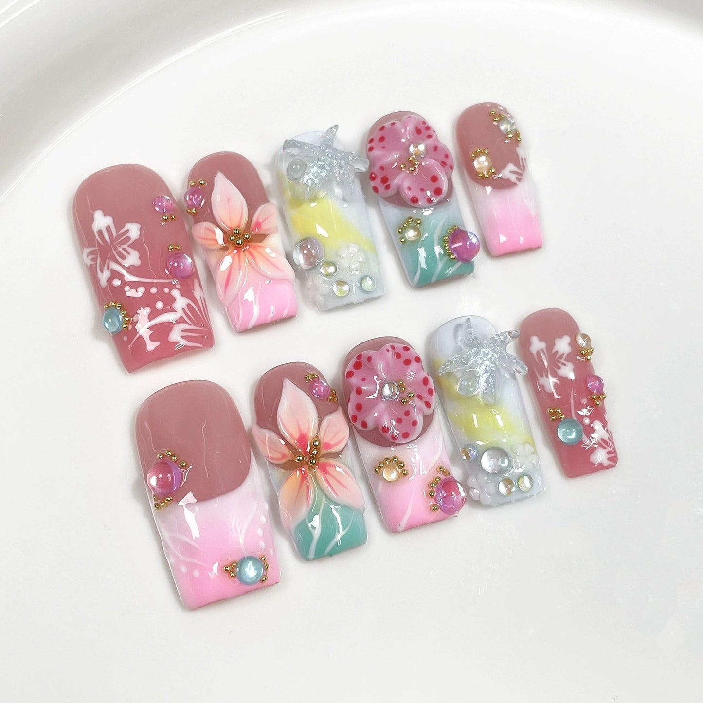 Threelegscat Square Handmade Press on Nails Medium Nails Press Ons With 3d Flower and French Tip Design Reusable Fake Nails for Women for Spring and Holiday 10pcs M Size Pattern S1108
