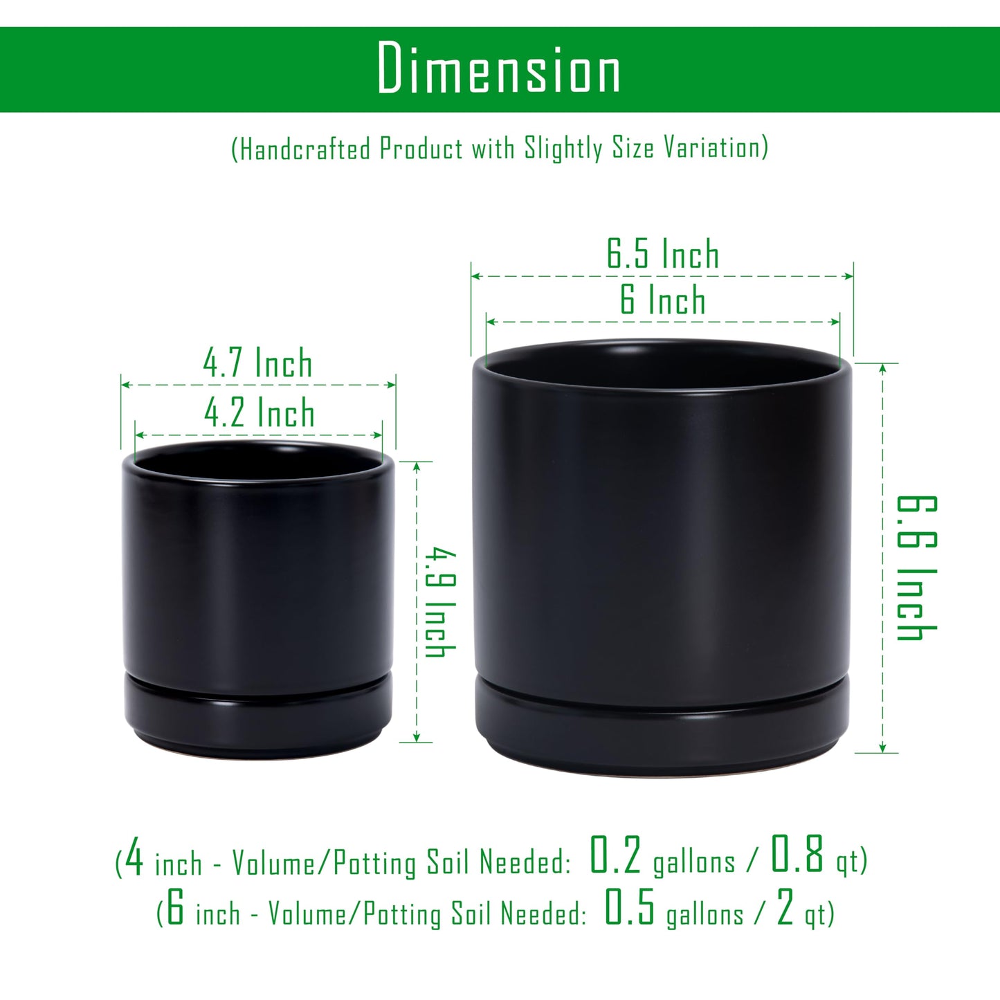 D'vine Dev 4.7 Inch & 6.5 Inch Ceramic Planter Pots for Plants with Drainage Hole and Saucer, Small Plant Pots Set, Black, 94-G-S-2