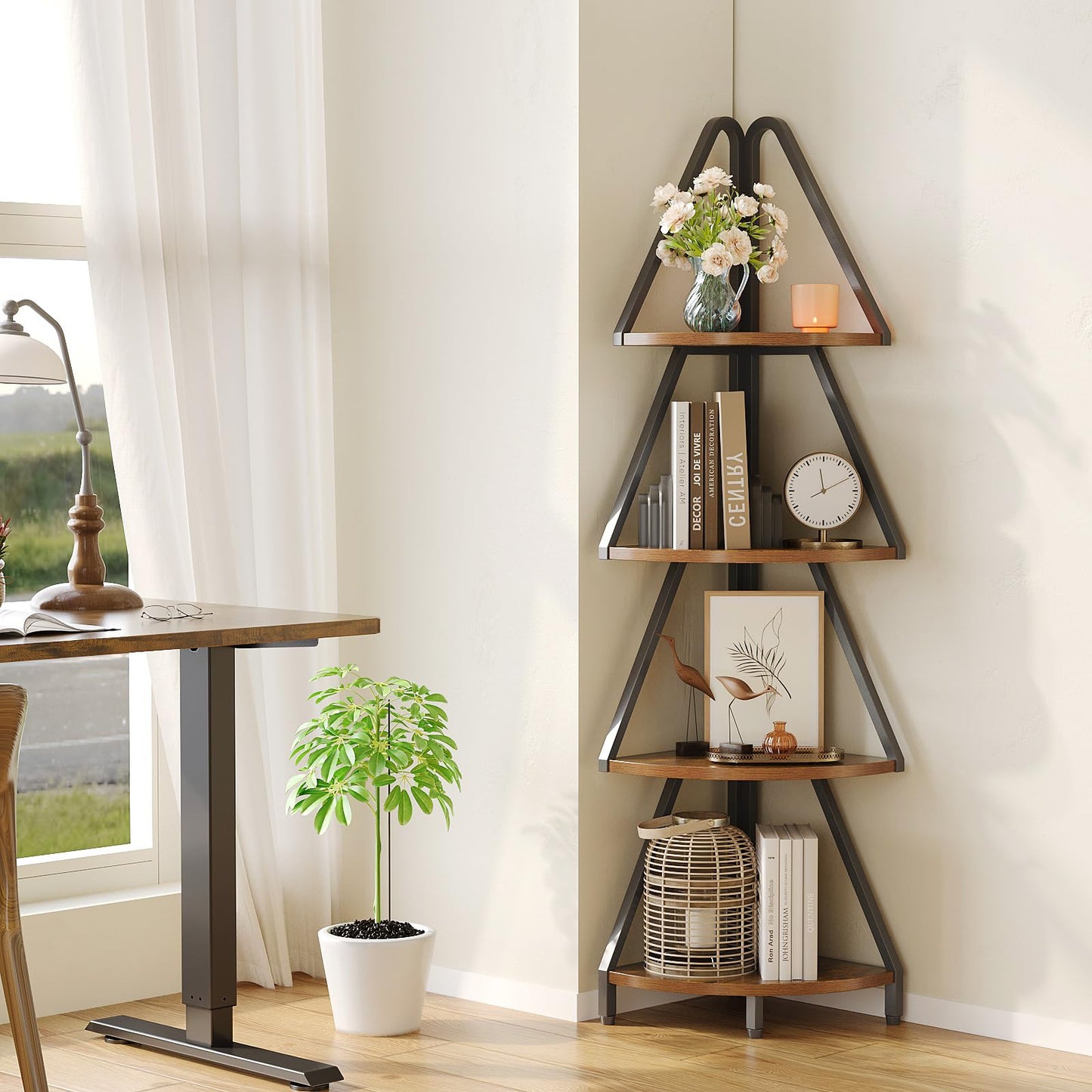 Espelism 4-Tier Corner Shelf Stand, 53.1” Tall Industrial Standing Display Shelf Storage Rack,Narrow Plant Stand,Tree Design Corner Bookshelf for Living Room, Bedroom, Office (Brown, 4-Tier)
