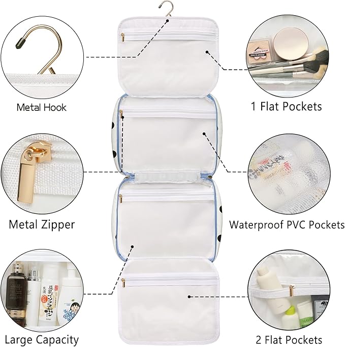 Bosidu Hanging Travel Toiletry Bag,Large Capacity Cosmetic Travel Toiletry Organizer for Women with 4 Compartments & 1 Sturdy Hook,Perfect for Travel/Daily Use/Christmas