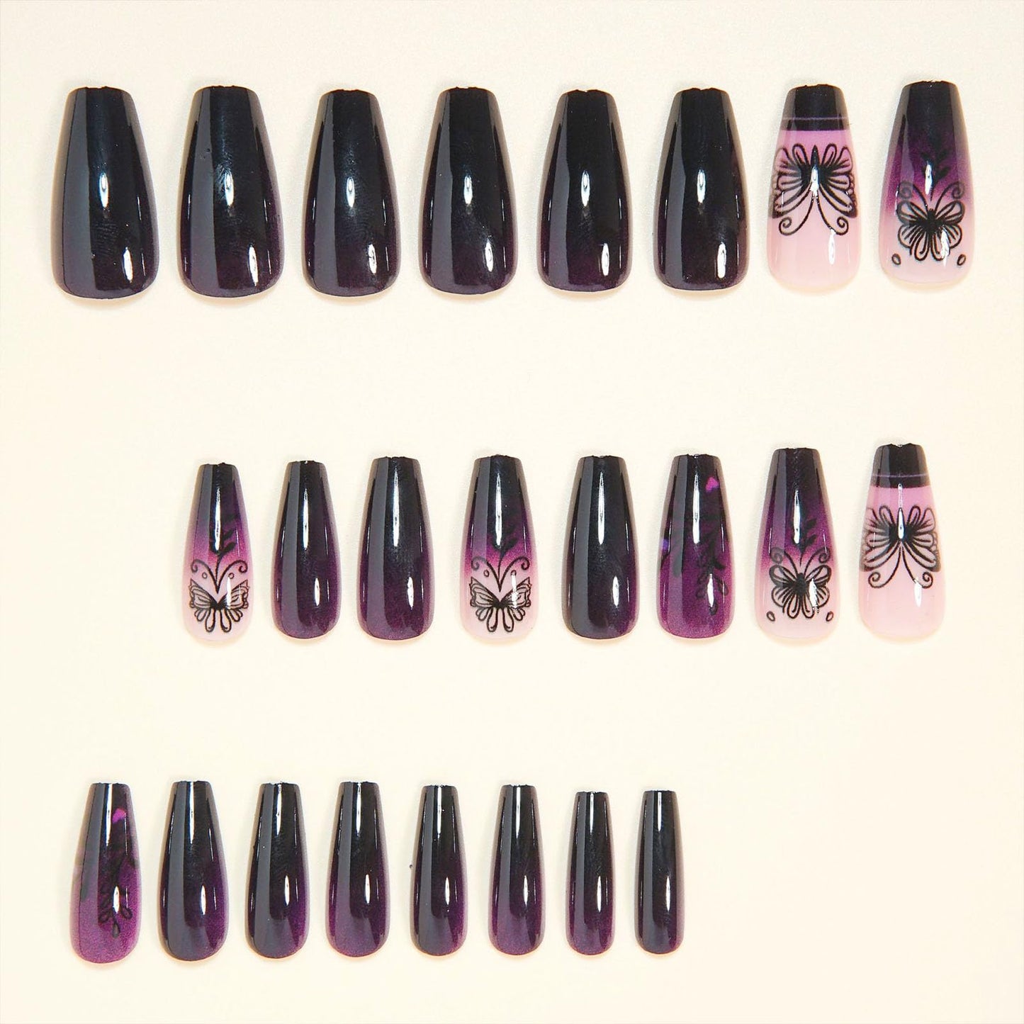 Burgundy Press on Nails Medium Coffin Fake Nails with Black Butterfly Designs Glossy Nails Press ons Pink Gradient Glue on Nails Acrylic Nails Artificial Stick on Nails for Women 24Pcs