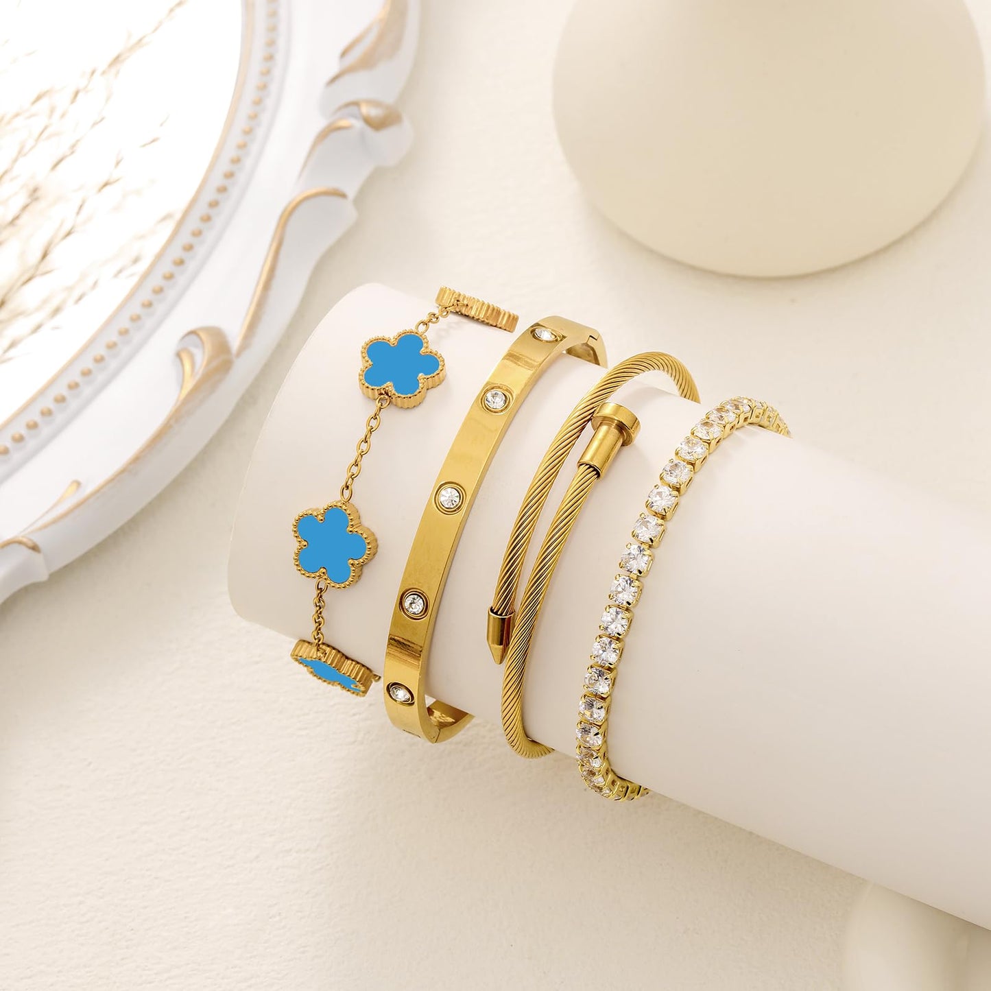 MEIERYA 18K Gold Plated Womens Stackable Floral Bracelets Set,Twisted Cable Bangle,Trendy Jewelry,Waterproof adjustable bracelet,Christmas Birthday Gifts for Girlfriend or Mother. (01-Color-blue)