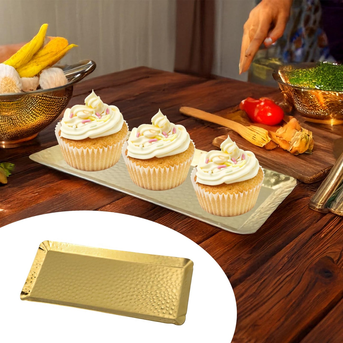 Antrader Hammered Rectangular Platter Serving Tray,Stainless Steel Decorative Storage Tray, Gold (10-Inch by 4-Inch)